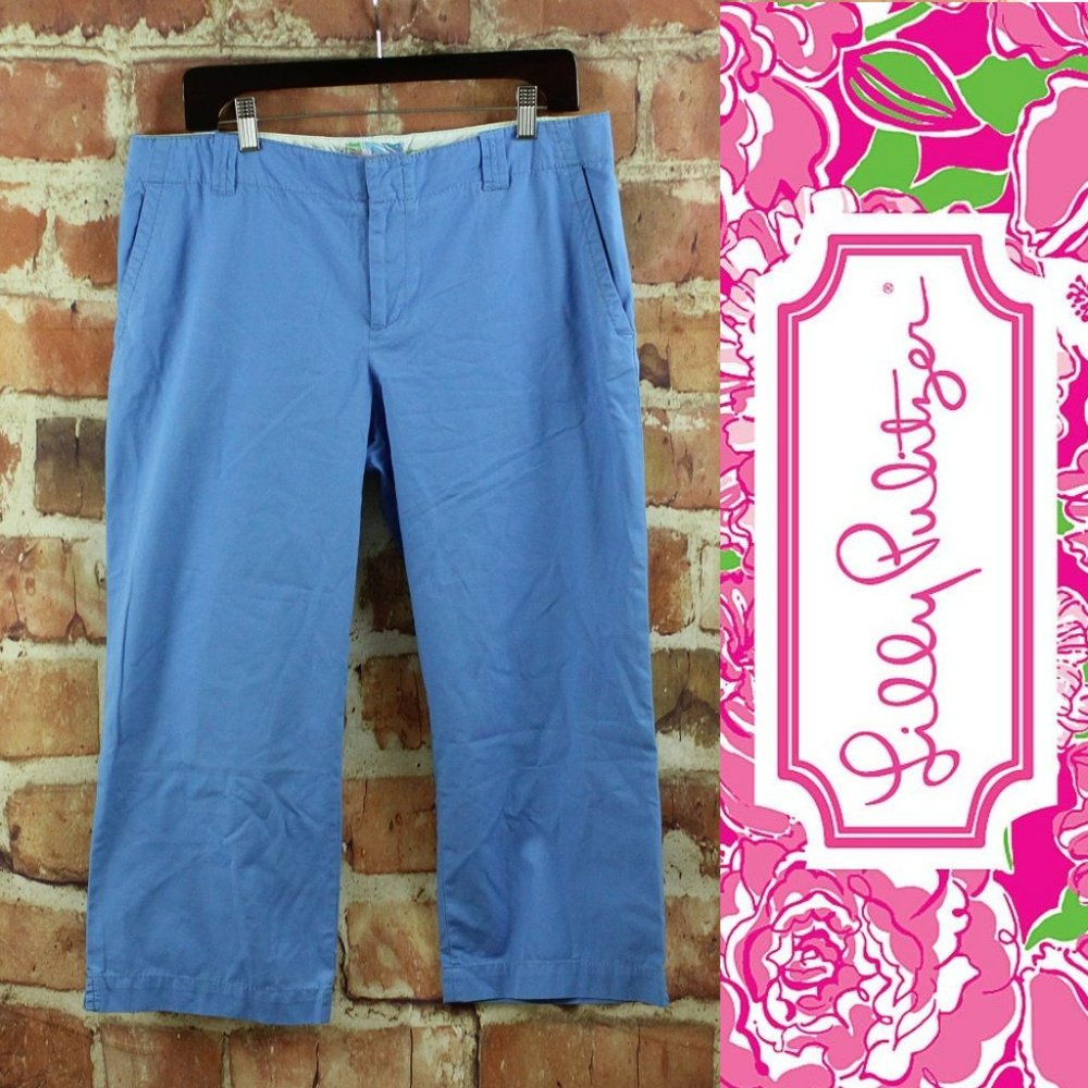 LILLY PULITZER Resort Capri Pants Womens 12 Solid Blue Poplin $98 Crop Leg EUC